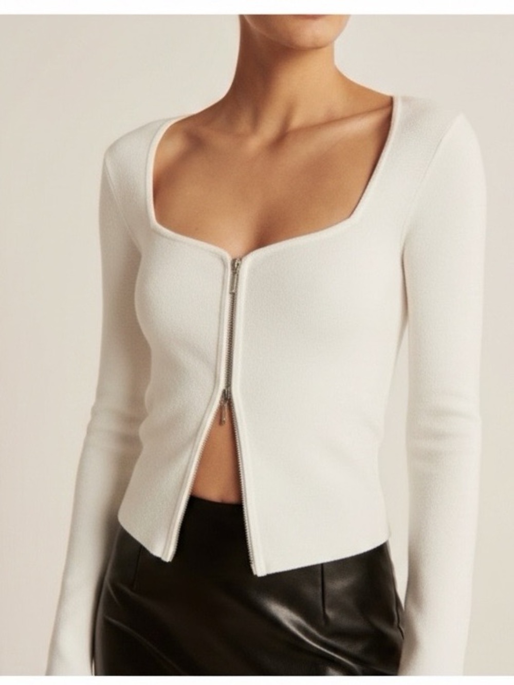 Abercrombie & Fitch White Zip Front Cropped Sweater Top